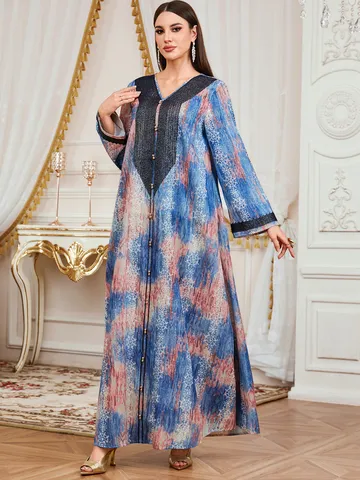 Vestido Maxi de Mujer Vintage Estampado Cuello en V Manga Larga Étnico Tribal Túnica Larga Elegante Pulóver Silueta Recta