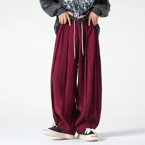 Pantalones Casuales Anchos Vintage Japoneses para Hombres Corte Suelto Color Sólido Cordón Mezcla de Algodón Otoño