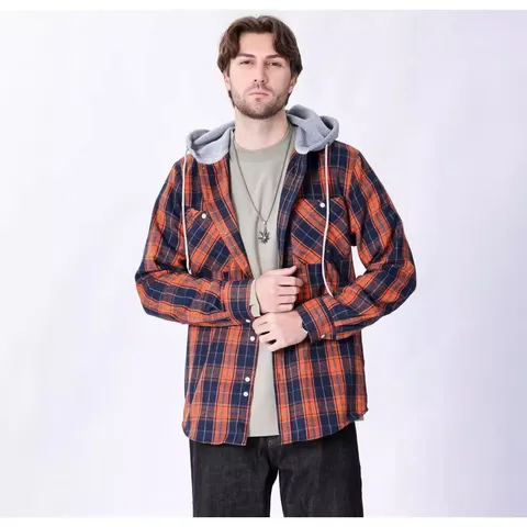 Giacca a Camicia di Flanella Uomo Casual a Manica Lunga Con Cappuccio Plaid Bottoni Retro Cappotto Hoodie Con Tasche