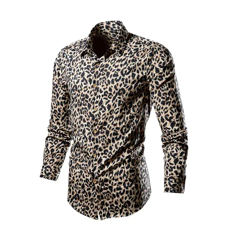 Camicia Hawaiana Casual da Uomo Poliestere Manica Lunga Bottoni Stampata Leopardo Floreale Moda Urbana Uomo