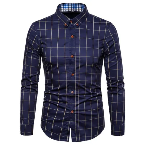 Chemise Casual à Manches Longues à Carreaux pour Hommes Mélange de Coton Coupe Regular Boutonnée Col Rabattu