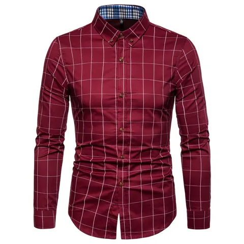 Chemise Casual à Manches Longues à Carreaux pour Hommes Mélange de Coton Coupe Regular Boutonnée Col Rabattu