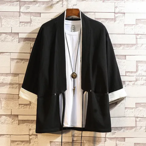 Chinese Style Men's Cardigan Taoist Robe Contrast Color T-Shirt Retro Casual Loose Summer Top Cotton Kimono Shirt
