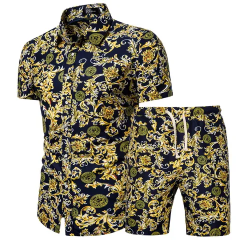 Ensemble Chemise et Short Casual d'Été pour Homme Imprimé Floral Baroque Haut à Manches Courtes Boutonné et Short à Cordon