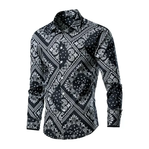 Chemise Décontractée à Manches Longues pour Hommes Mélange de Coton Col Rabattu Boutonnée Imprimé Floral Tops