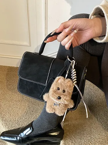 Bolso Cuadrado Pequeño Retro de Cuero PU para Mujer Moda Casual Bolso de Hombro con Colgante Bolso de Otoño Invierno