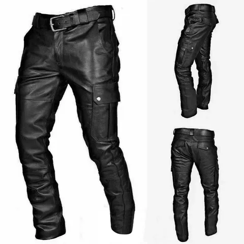 Men Gothic Punk Faux Leather Pants Casual Rock Multi Pocket Straight Trousers Vintage Motorcycle PU Leather Long Pants