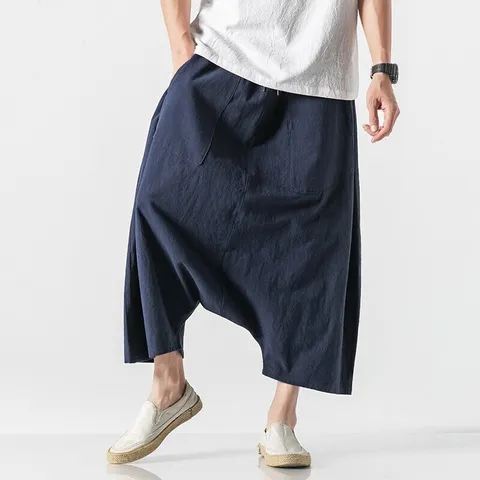 Men Casual Cotton Linen Blend Harem Pants Loose Cropped Trousers Chinese Style Drawstring Summer Bottoms