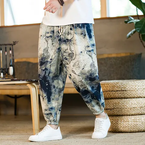 Mens Casual Chinese Style Linen Harem Pants Summer Breathable Cropped Pants Loose Drawstring Trousers