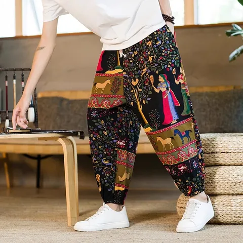 Mens Casual Chinese Style Linen Harem Pants Summer Breathable Cropped Pants Loose Drawstring Trousers