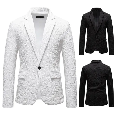Men's Business Slim Fit Suit Jacket 3D Rose Floral Jacquard Single Button Formal Blazer For Wedding Groom Party