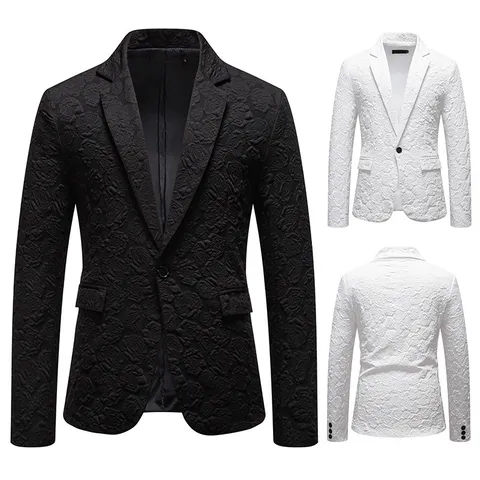Men's Business Slim Fit Suit Jacket 3D Rose Floral Jacquard Single Button Formal Blazer For Wedding Groom Party