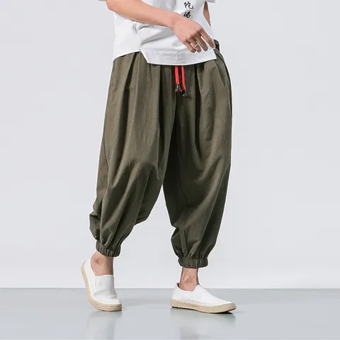 Men's Casual Loose Cotton Linen Lantern Pants Summer Breathable Drawstring Cuffed Wide Leg Trousers Male Fashion