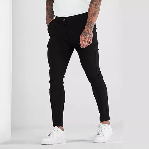 Men's Casual Stretch Slim Fit Straight Long Pants Solid Color Button Fly Trousers