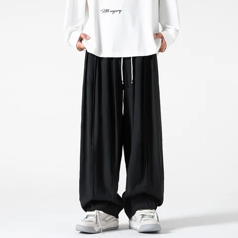 Pantalones Casuales Anchos Vintage Japoneses para Hombres Corte Suelto Color Sólido Cordón Mezcla de Algodón Otoño