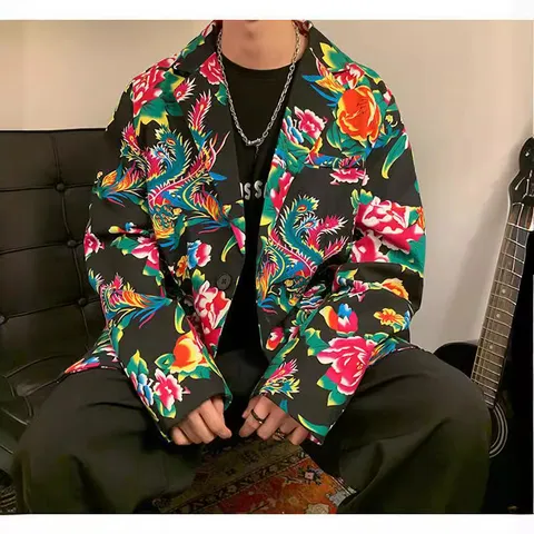 Men Chinese Style Floral Print Casual Suit Jacket Loose Long Sleeve Single Breasted Blazer Outerwear For Spring Autumn