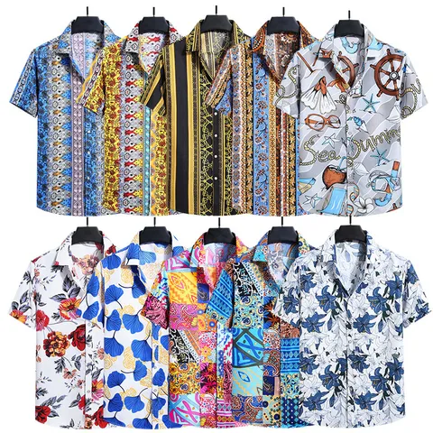 Camicia da Uomo a Maniche Corte con Stampa Etnica Casual da Spiaggia in Stile Hawaiiano con Bottoni e Revers in Poliestere