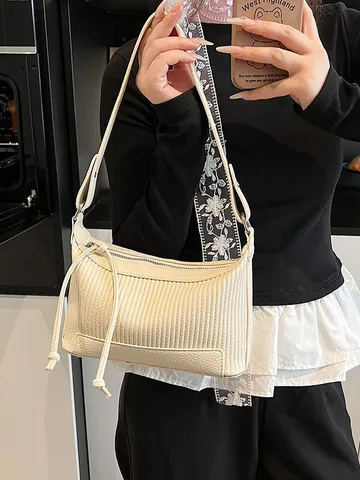 Bolso de Hombro de Cuero PU de Estilo Coreano para Mujer Bolso Crossbody Casual de Color Sólido Plisado Bolso Underarm de Moda