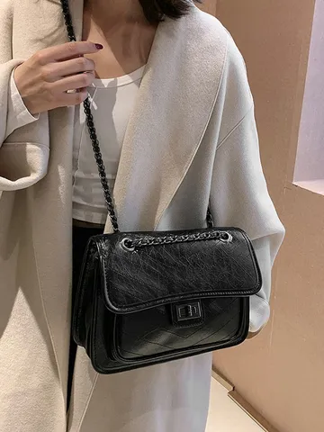 Mujer Bolso Bandolera de Cadena Acolchado PU Cuero Vintage Bolso de Hombro Estilo Diseñador Bolso de Mano con Solapa Moda Mujer
