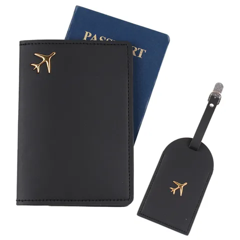 Set Porta Passaporto e Etichetta Bagaglio in Pelle PU Casual Tinta Unita Impermeabile Organizzatore Documenti Di Viaggio Con Emblema Aereo Metallo