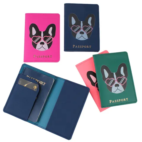 Porta Pasaportes de Cuero de PU con Estampado de Bulldog Francés Patrón de Gafas de Corazón Bloqueo RFID Funda Organizadora de Documentos