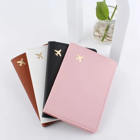 Business Porta Passaporto in Pelle PU Portafoglio da Viaggio Carino Aereo Stampa in Oro Custodia Documenti Protezione Slot per Carte Organizer Unisex
