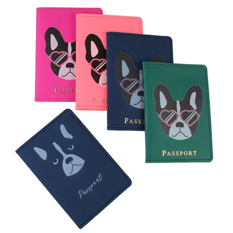 Porta Pasaportes de Cuero de PU con Estampado de Bulldog Francés Patrón de Gafas de Corazón Bloqueo RFID Funda Organizadora de Documentos