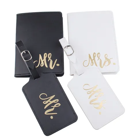 Set Etichette per Bagagli E Porta Passaporti Mr Mrs in Pelle PU Coperture per Passaporti da Viaggio Collezione Etichette Identificative per Coppie Regalo di Nozze