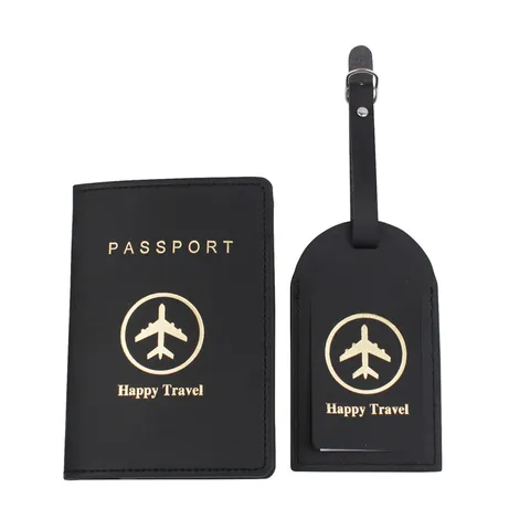 Set di Porta Passaporto E Etichetta per Bagaglio in Pelle PU Lettere Stampate Custodia Portadocumenti Impermeabile Copertura per Unisex