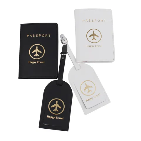 Set di Porta Passaporto E Etichetta per Bagaglio in Pelle PU Lettere Stampate Custodia Portadocumenti Impermeabile Copertura per Unisex