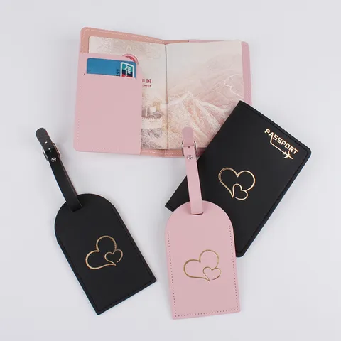 PU Leather Travel Passport Holder Luggage Tag Set Heart Airplane Bronzing Passport Protector Ticket ID Card Storage Wallet