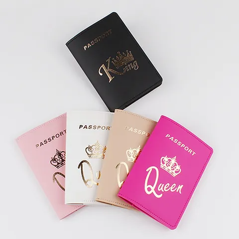 Funda de Cuero PU para Pasaporte de Viaje Patrón de Corona King Queen Estuche de Pasaporte Impermeable Organizador de Tarjetas