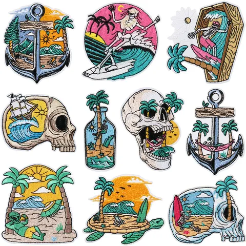 Retro Totenkopf Surfen Stickerei Flicken Hawaii Insel Stil Zum Aufbügeln Stoff Applikation Dekorative Abzeichen Für Kleidung