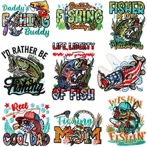 Vintage Meeresangeln Stickerei Flicken Zum Aufbügeln Applikationen Köder Fisch Bestickte Abzeichen Für Jeansjacke