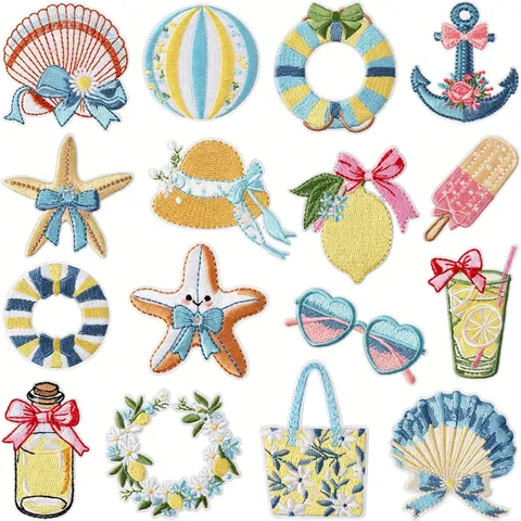Strandurlaub Bestickte Aufnäher Muschel Seestern Zitrone DIY Bügelbilder Für Kleidung Jeans Dekorative Abzeichen