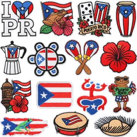 Puerto Rico Thema Bestickte Aufnäher zum Aufbügeln Aufnähen Abzeichen Applikationen für DIY Kleidung Zubehör Dekoration