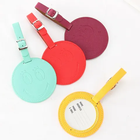 Round Smiley Face PU Leather Luggage Tag Travel Suitcase ID Label Hanging Name Tag With Adjustable Strap For Bags Backpacks Accessory