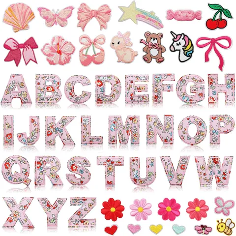 Toppe Ricamate Alfabeto Inglese Cartone Animato Fiocco Rosa Floreale Termoadesivo Distintivo Per Abiti Borsa DIY