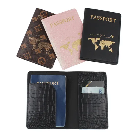 Porta Passaporto in Pelle PU Mappa del Mondo Custodia da Viaggio Motivo Coccodrillo Organizzatore Documenti Portafoglio Bifold per Viaggio