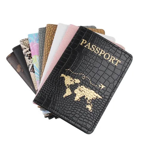 Porta Passaporto in Pelle PU Mappa del Mondo Custodia da Viaggio Motivo Coccodrillo Organizzatore Documenti Portafoglio Bifold per Viaggio