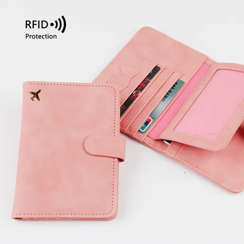 RFID Blocking PU Leather Passport Holder Travel Wallet For Women Plane Pattern Card Case Ticket Document Organizer Pink Passport Cover