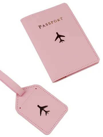 Set Porta Passaporto e Targhetta per Bagagli in Pelle PU Motivo Aereo Custodia Protettiva da Viaggio Unisex