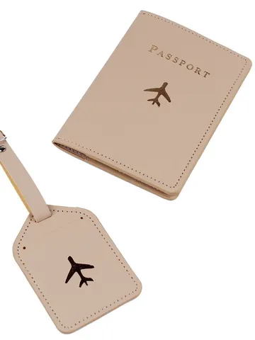 Set Porta Passaporto e Targhetta per Bagagli in Pelle PU Motivo Aereo Custodia Protettiva da Viaggio Unisex