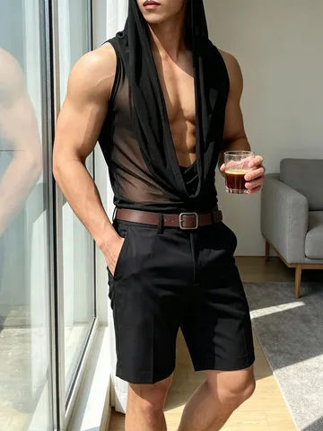 Canotta Casual da Uomo con Collo a V Profondo Drappeggiato in Rete Leggera Trasparente Senza Maniche Top da Club