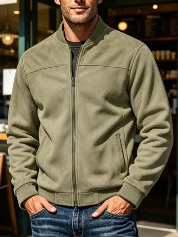 Chaqueta Bomber de Ante Vintage para Hombre Cuello Cisne Cremallera Completa Abrigo Casual Primavera