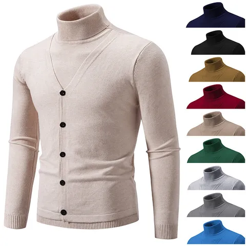 Maglione a Collo Alto Slim Fit Casual da Uomo Finto Due Pezzi Manica Lunga Pullover