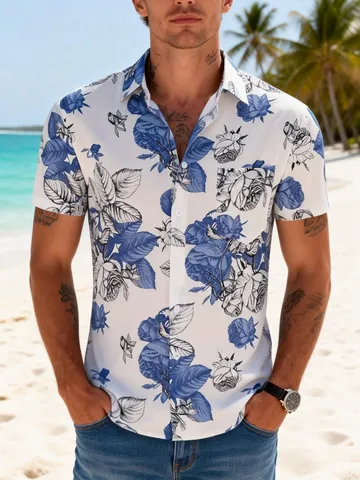 Chemise à Manches Courtes Imprimé Floral Hawaïen Décontracté pour Hommes Ample Col Rabaissé Boutonnée Haut de Plage de Vacances