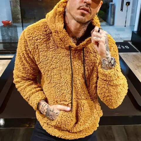 Men Casual Fleece Hoodie Winter Long Sleeve Drawstring Hooded Sweatshirt With Kangaroo Pocket Cotton Blend Pullover Top