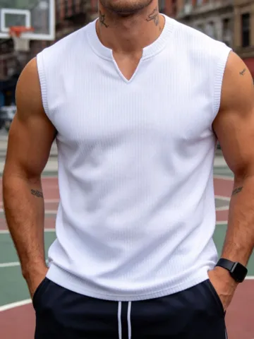 Men's Slim Fit Ribbed Knit V-Neck Tank Top Casual Sporty Sleeveless Pullover Summer Basic Vest Apparel