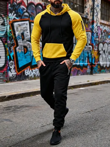 Tuta Sportiva da Uomo Casual a Blocco di Colore Foderata in Pile Felpa con Cappuccio e Pantaloni Invernali